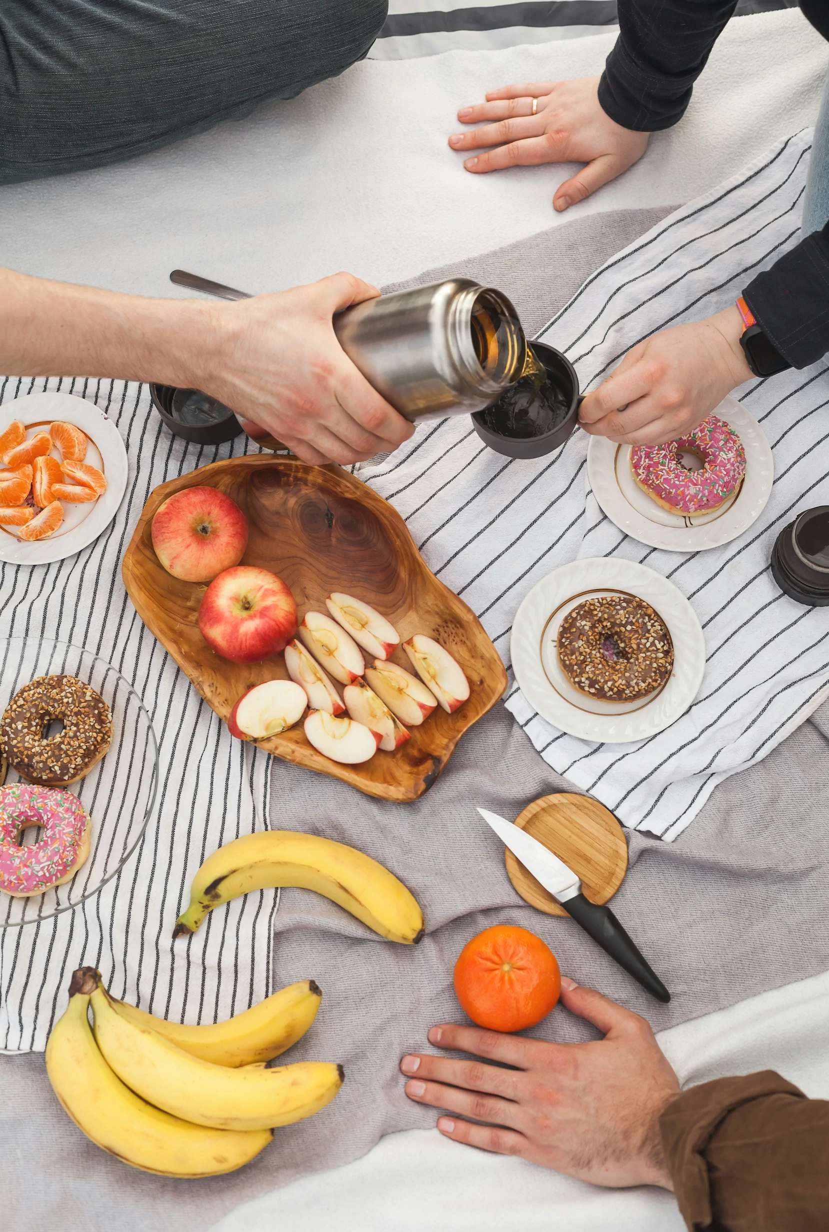 People picnic with apples, bananas, tangerine, donuts & coffee on striped blankets; one pours coffee as others reach for food—an event hosted by Allison Reddy of Always Reddy Nutrition in Pittsburgh, PA. in Pennsylvania